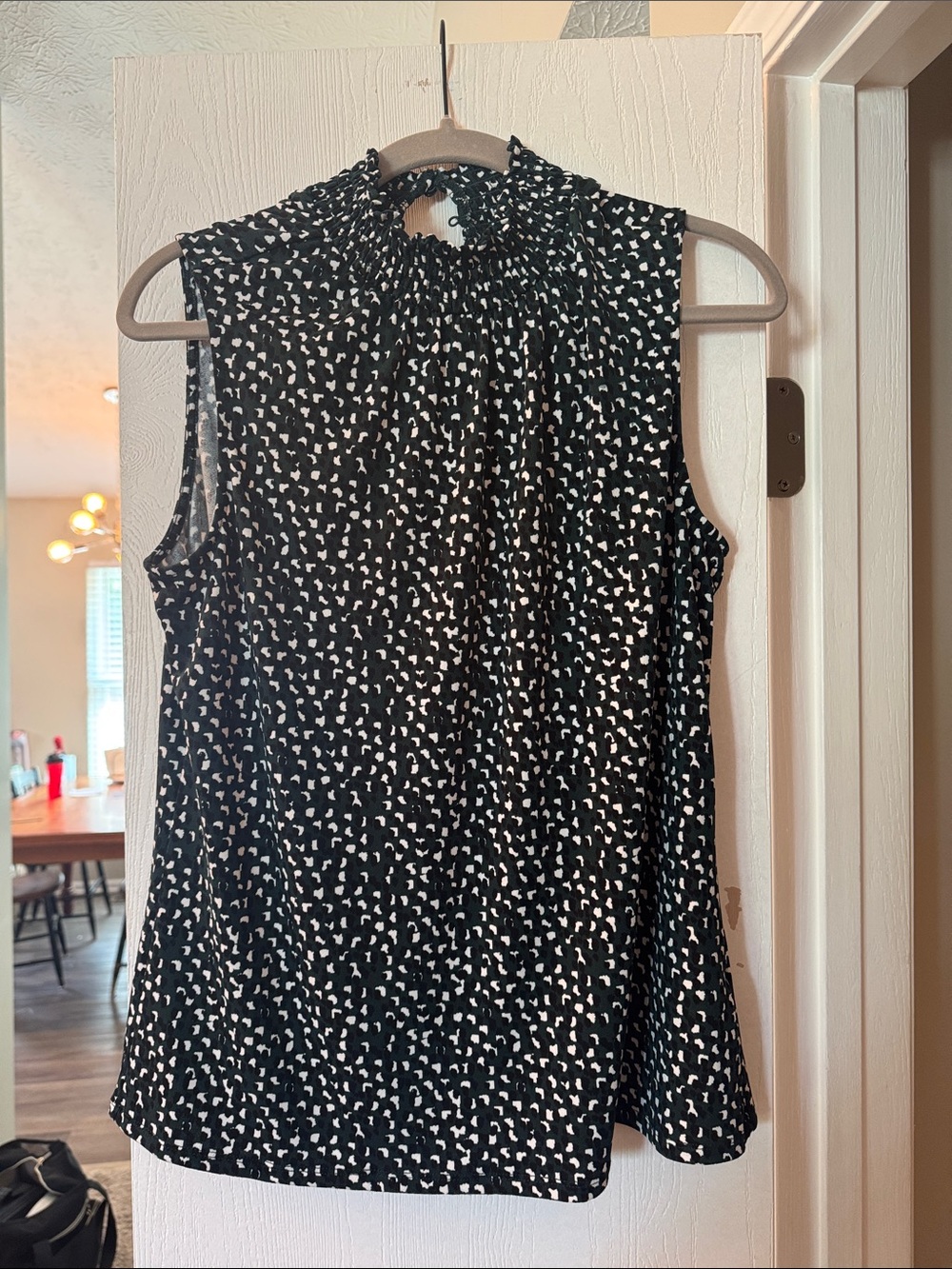 Sleeveless Green Black & White Printed Mock Neck Top